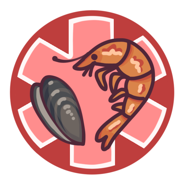a red circle with a large medical alert asterisk inside it, and an oyster and a shrimp pictured in the center.